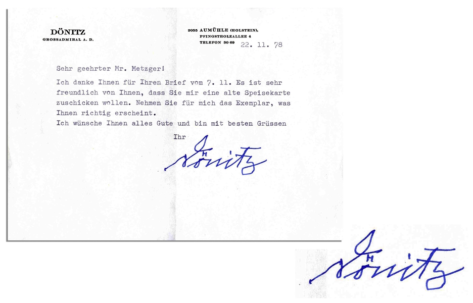German Admiral Karl Donitz Typed Letter Signed on His Personal Stationery